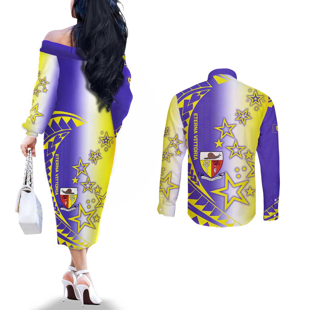 Campione d’Italia Couples Matching Off The Shoulder Long Sleeve Dress and Long Sleeve Button Shirt with Yellow Purple Star Design and Town Crest - Wonder Print Shop