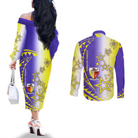 Campione d’Italia Couples Matching Off The Shoulder Long Sleeve Dress and Long Sleeve Button Shirt with Yellow Purple Star Design and Town Crest - Wonder Print Shop