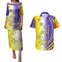 Campione d’Italia Couples Matching Puletasi and Hawaiian Shirt with Yellow Purple Star Design and Town Crest - Wonder Print Shop
