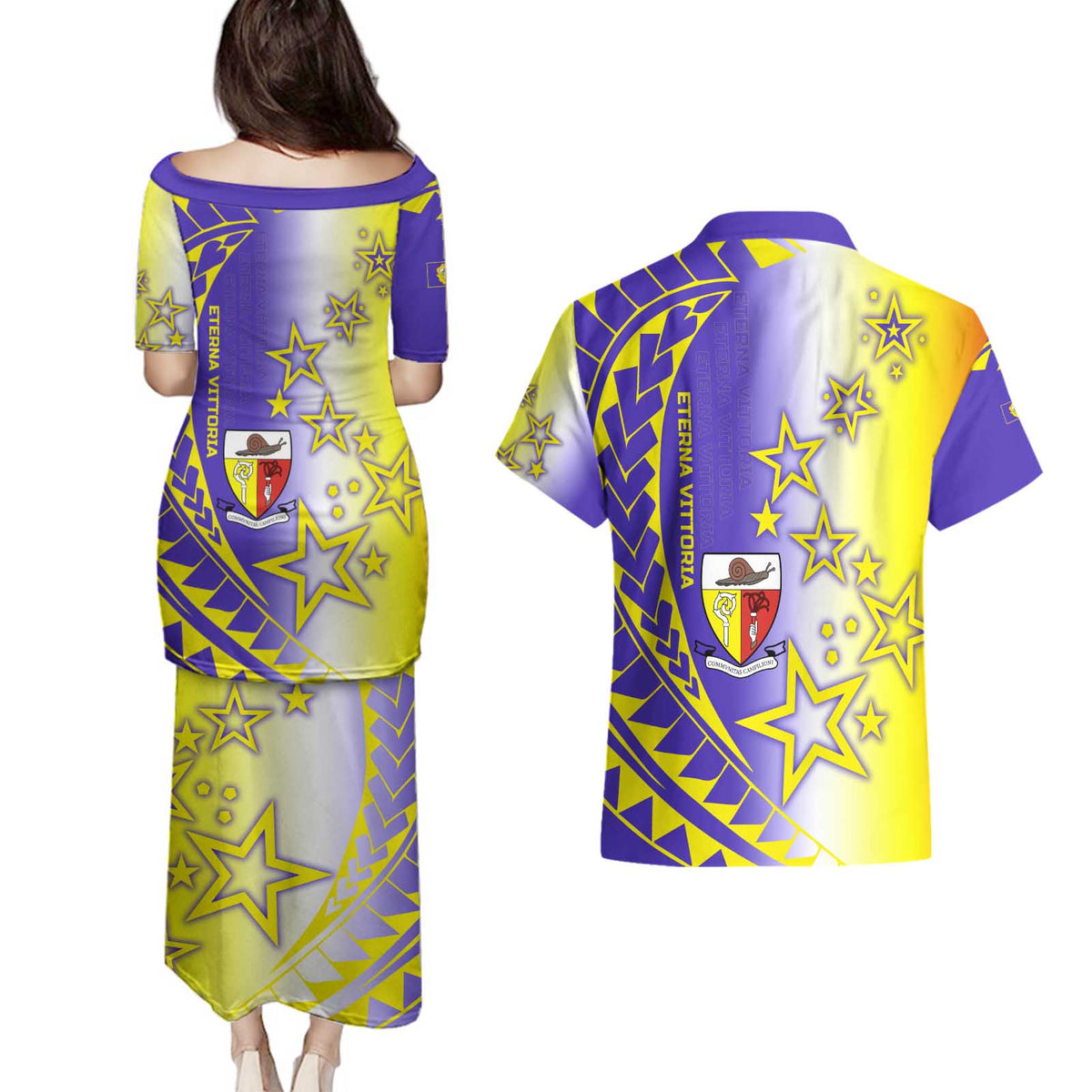 Campione d’Italia Couples Matching Puletasi and Hawaiian Shirt with Yellow Purple Star Design and Town Crest - Wonder Print Shop
