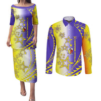 Campione d’Italia Couples Matching Puletasi and Long Sleeve Button Shirt with Yellow Purple Star Design and Town Crest - Wonder Print Shop