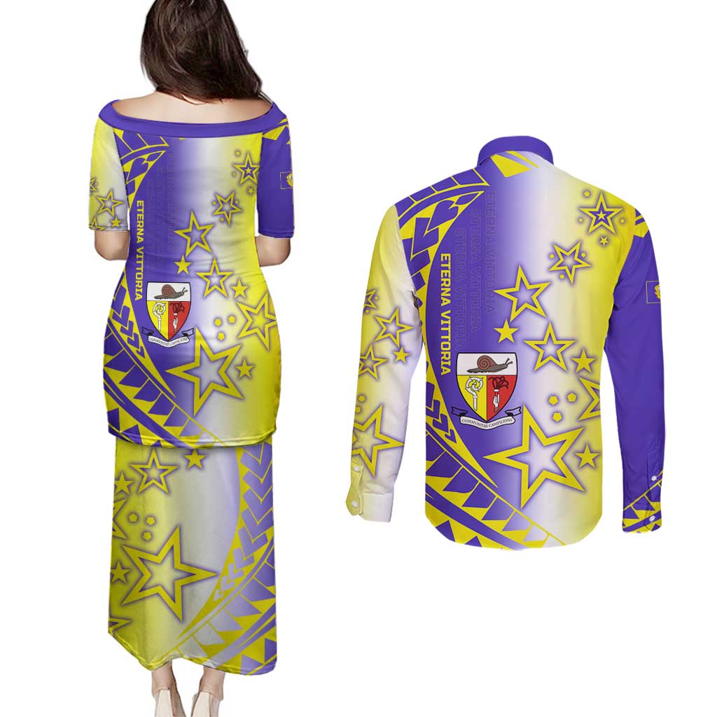 Campione d’Italia Couples Matching Puletasi and Long Sleeve Button Shirt with Yellow Purple Star Design and Town Crest - Wonder Print Shop