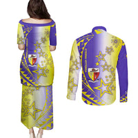 Campione d’Italia Couples Matching Puletasi and Long Sleeve Button Shirt with Yellow Purple Star Design and Town Crest - Wonder Print Shop