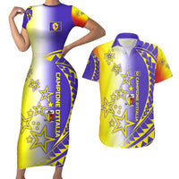 Campione d’Italia Couples Matching Short Sleeve Bodycon Dress and Hawaiian Shirt with Yellow Purple Star Design and Town Crest - Wonder Print Shop