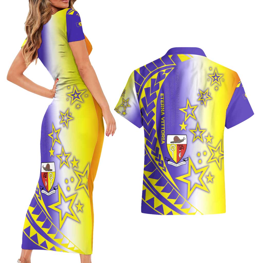 Campione d’Italia Couples Matching Short Sleeve Bodycon Dress and Hawaiian Shirt with Yellow Purple Star Design and Town Crest - Wonder Print Shop