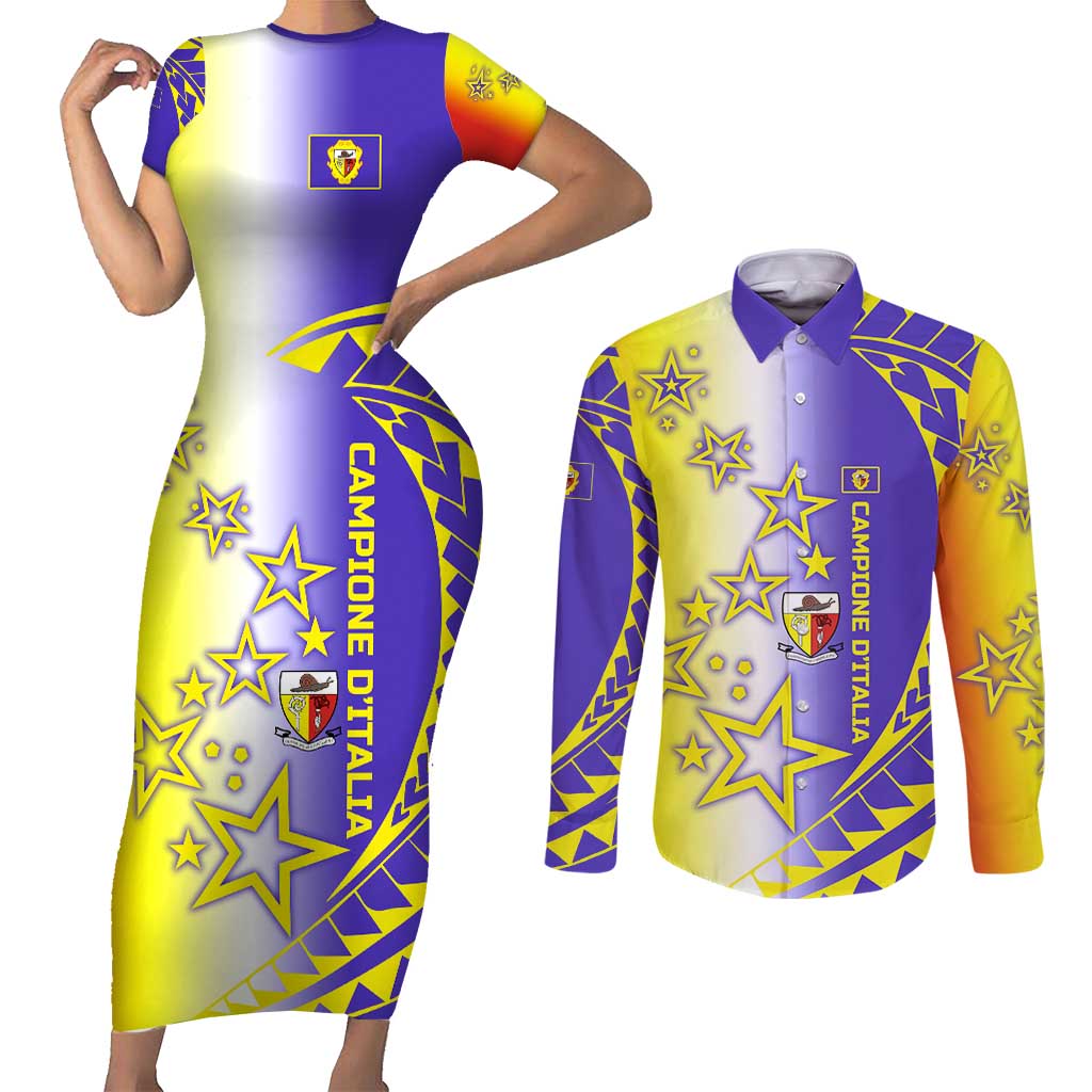 Campione d’Italia Couples Matching Short Sleeve Bodycon Dress and Long Sleeve Button Shirt with Yellow Purple Star Design and Town Crest - Wonder Print Shop