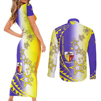 Campione d’Italia Couples Matching Short Sleeve Bodycon Dress and Long Sleeve Button Shirt with Yellow Purple Star Design and Town Crest - Wonder Print Shop