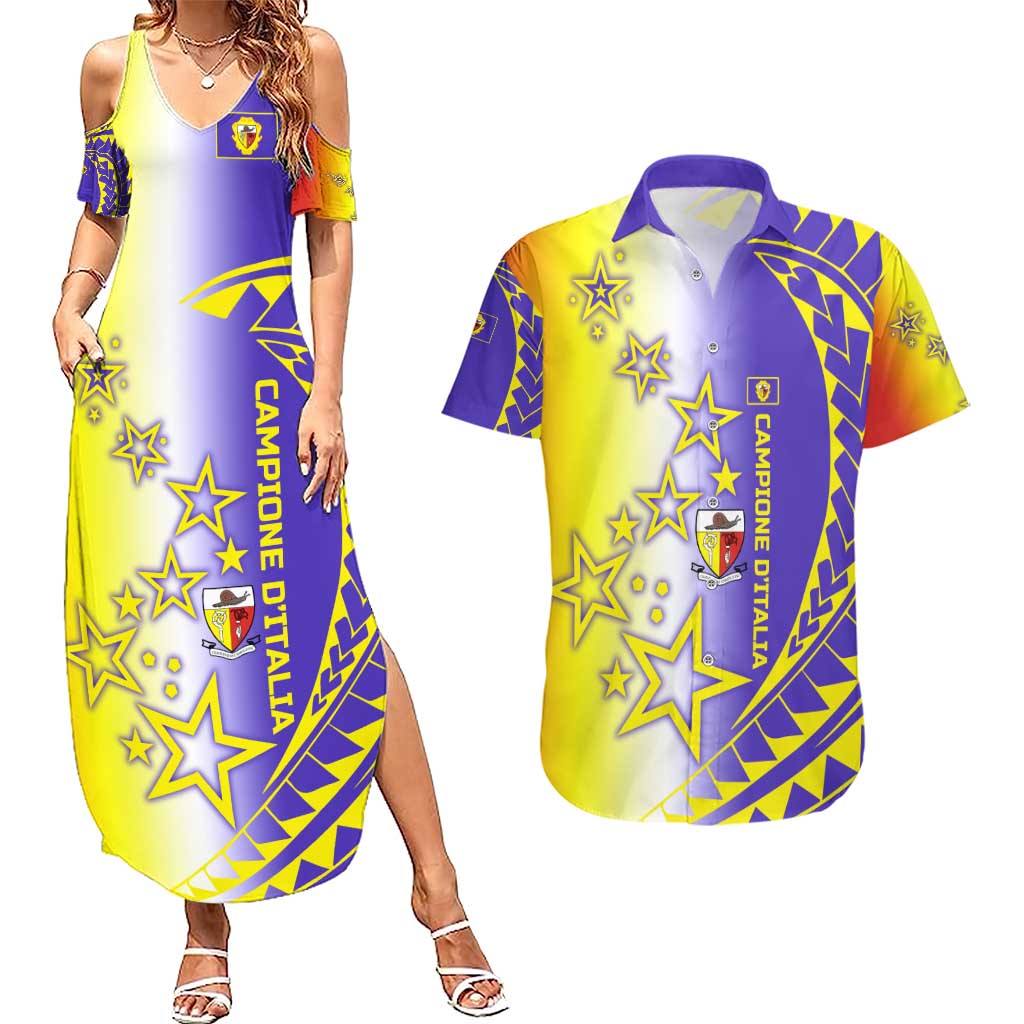 Campione d’Italia Couples Matching Summer Maxi Dress and Hawaiian Shirt with Yellow Purple Star Design and Town Crest - Wonder Print Shop