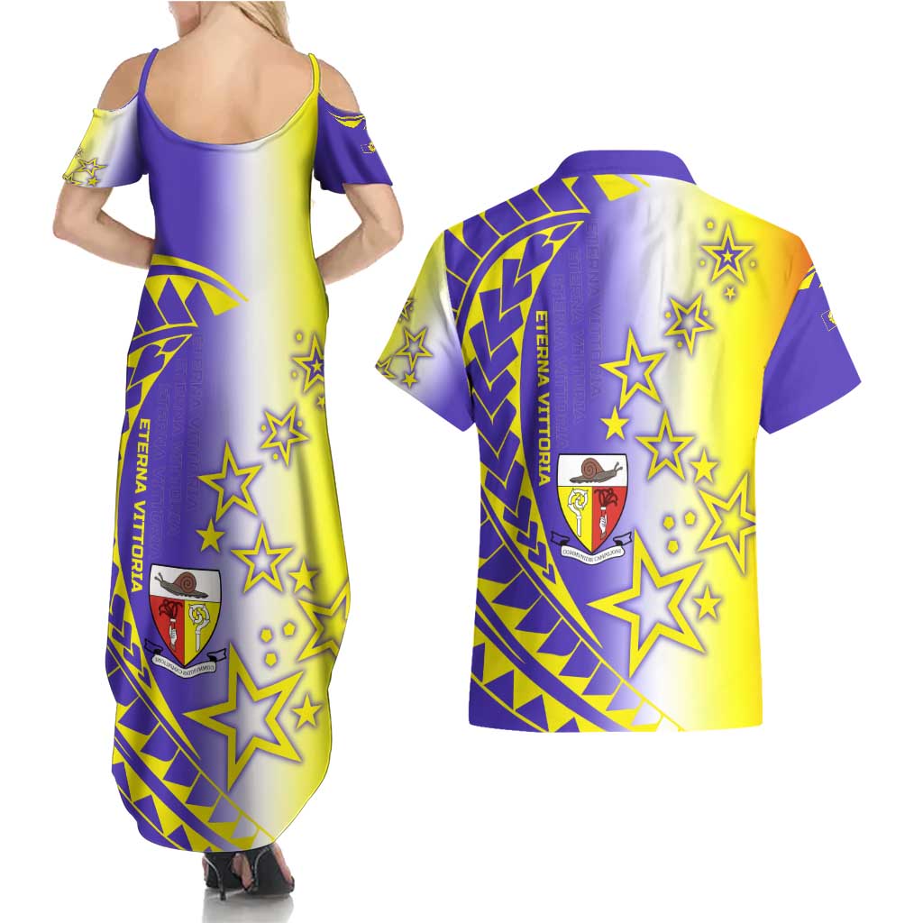 Campione d’Italia Couples Matching Summer Maxi Dress and Hawaiian Shirt with Yellow Purple Star Design and Town Crest - Wonder Print Shop