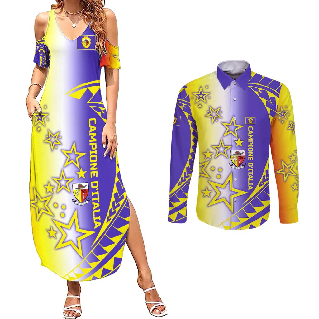 Campione d’Italia Couples Matching Summer Maxi Dress and Long Sleeve Button Shirt with Yellow Purple Star Design and Town Crest - Wonder Print Shop