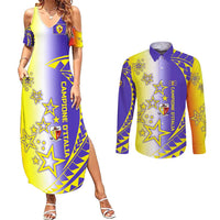 Campione d’Italia Couples Matching Summer Maxi Dress and Long Sleeve Button Shirt with Yellow Purple Star Design and Town Crest - Wonder Print Shop
