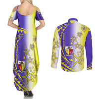 Campione d’Italia Couples Matching Summer Maxi Dress and Long Sleeve Button Shirt with Yellow Purple Star Design and Town Crest - Wonder Print Shop