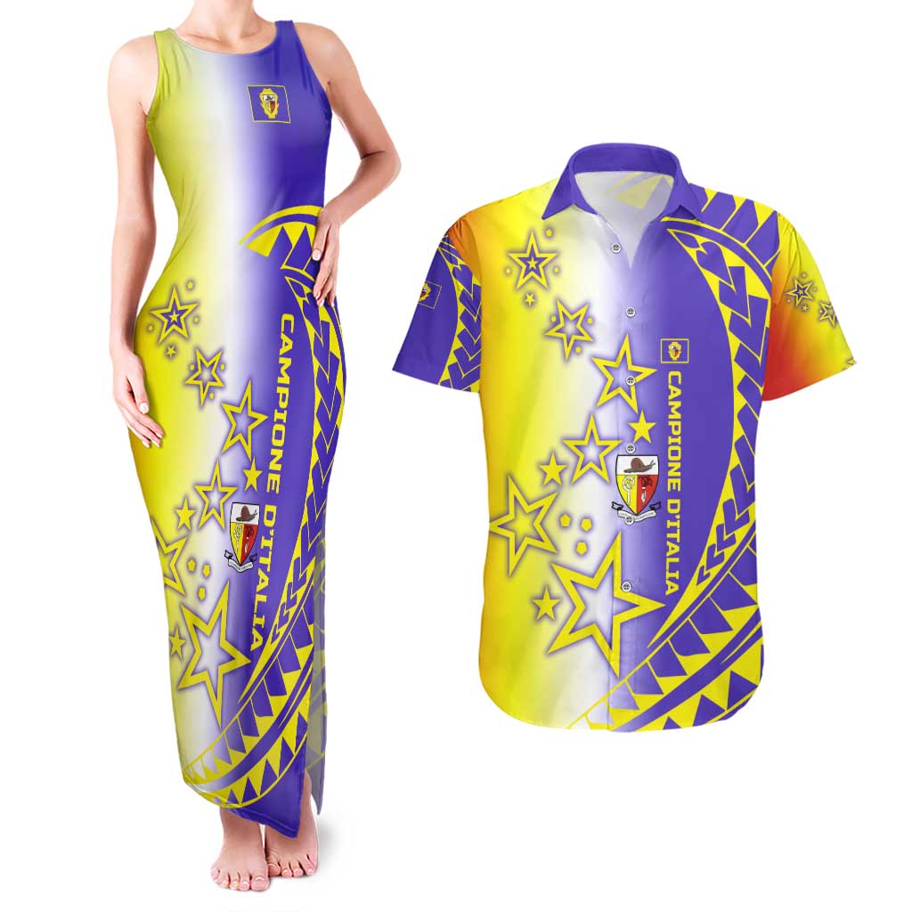 Campione d’Italia Couples Matching Tank Maxi Dress and Hawaiian Shirt with Yellow Purple Star Design and Town Crest - Wonder Print Shop