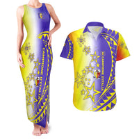 Campione d’Italia Couples Matching Tank Maxi Dress and Hawaiian Shirt with Yellow Purple Star Design and Town Crest - Wonder Print Shop