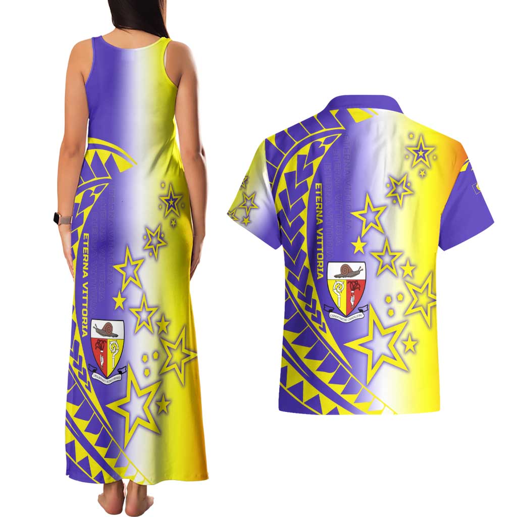 Campione d’Italia Couples Matching Tank Maxi Dress and Hawaiian Shirt with Yellow Purple Star Design and Town Crest - Wonder Print Shop