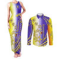 Campione d’Italia Couples Matching Tank Maxi Dress and Long Sleeve Button Shirt with Yellow Purple Star Design and Town Crest - Wonder Print Shop