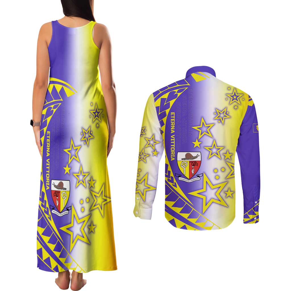 Campione d’Italia Couples Matching Tank Maxi Dress and Long Sleeve Button Shirt with Yellow Purple Star Design and Town Crest - Wonder Print Shop