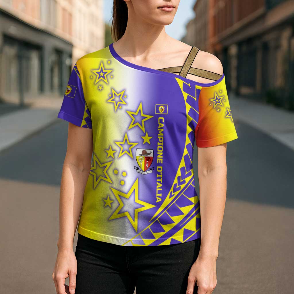 Campione d’Italia Cross Shoulder Shirt with Yellow Purple Star Design and Town Crest - Wonder Print Shop