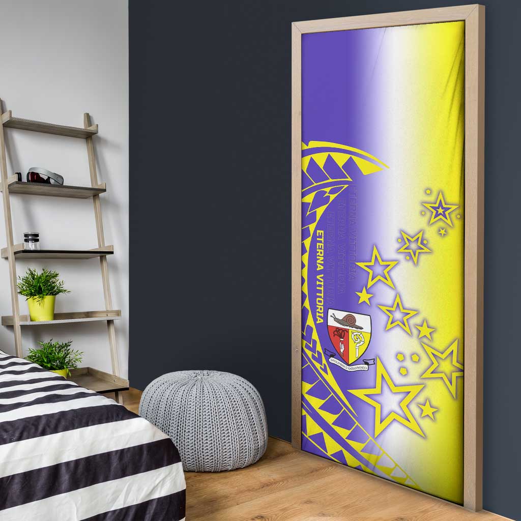 Campione d’Italia Door Cover with Yellow Purple Star Design and Town Crest - Wonder Print Shop