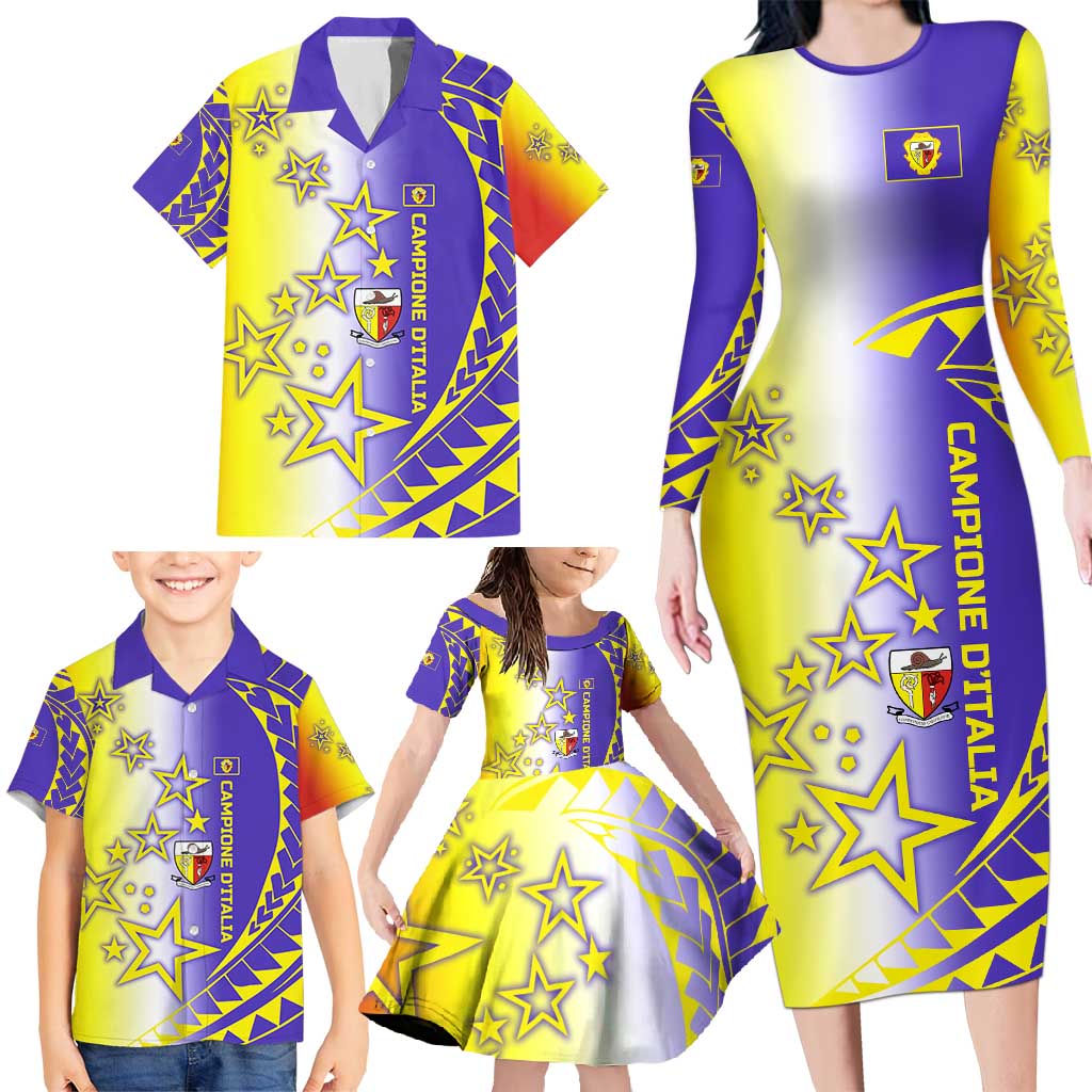 Campione d’Italia Family Matching Long Sleeve Bodycon Dress and Hawaiian Shirt with Yellow Purple Star Design and Town Crest - Wonder Print Shop