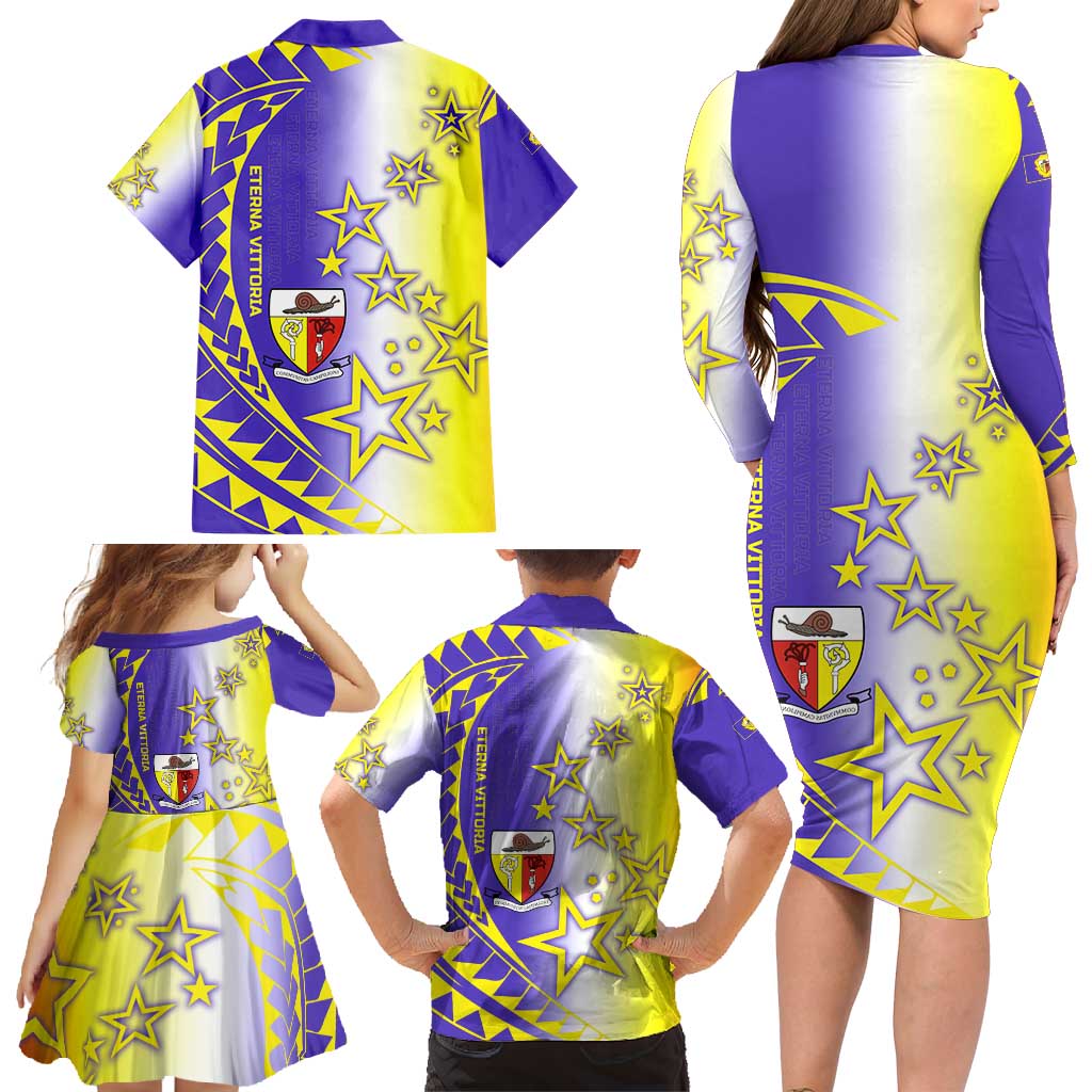 Campione d’Italia Family Matching Long Sleeve Bodycon Dress and Hawaiian Shirt with Yellow Purple Star Design and Town Crest - Wonder Print Shop