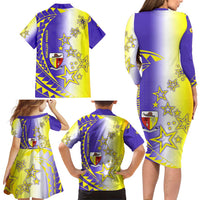 Campione d’Italia Family Matching Long Sleeve Bodycon Dress and Hawaiian Shirt with Yellow Purple Star Design and Town Crest - Wonder Print Shop