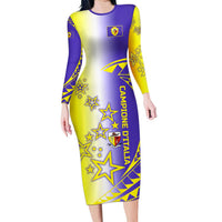 Campione d’Italia Family Matching Long Sleeve Bodycon Dress and Hawaiian Shirt with Yellow Purple Star Design and Town Crest - Wonder Print Shop