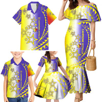 Campione d’Italia Family Matching Mermaid Dress and Hawaiian Shirt with Yellow Purple Star Design and Town Crest - Wonder Print Shop