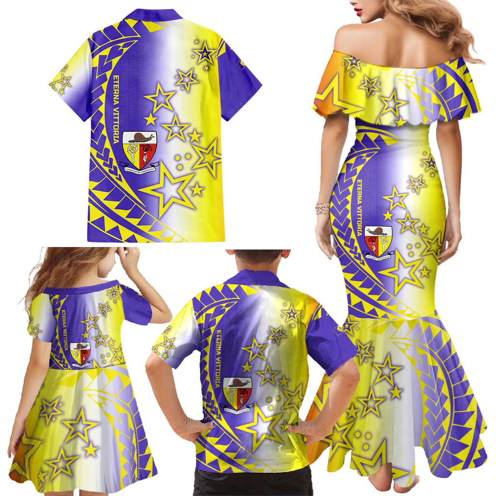 Campione d’Italia Family Matching Mermaid Dress and Hawaiian Shirt with Yellow Purple Star Design and Town Crest - Wonder Print Shop