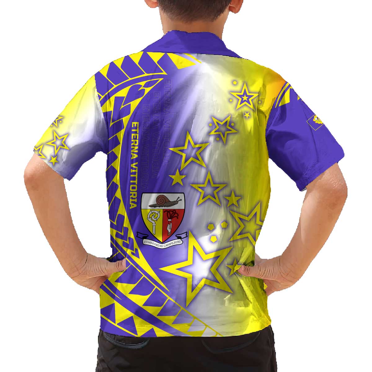 Campione d’Italia Family Matching Off The Shoulder Long Sleeve Dress and Hawaiian Shirt with Yellow Purple Star Design and Town Crest - Wonder Print Shop