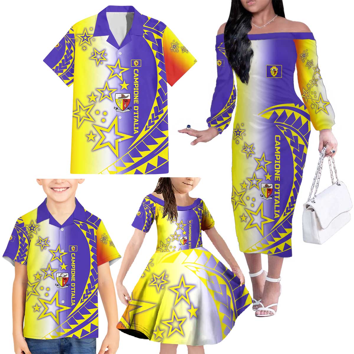 Campione d’Italia Family Matching Off The Shoulder Long Sleeve Dress and Hawaiian Shirt with Yellow Purple Star Design and Town Crest - Wonder Print Shop