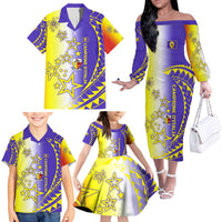 Campione d’Italia Family Matching Off The Shoulder Long Sleeve Dress and Hawaiian Shirt with Yellow Purple Star Design and Town Crest - Wonder Print Shop