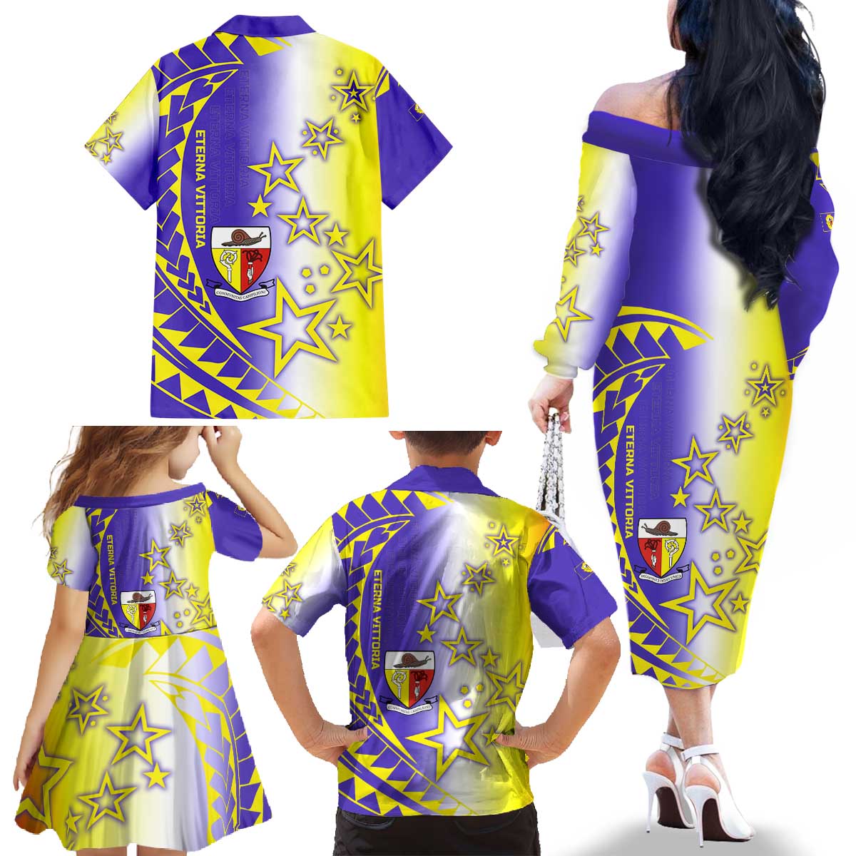 Campione d’Italia Family Matching Off The Shoulder Long Sleeve Dress and Hawaiian Shirt with Yellow Purple Star Design and Town Crest - Wonder Print Shop