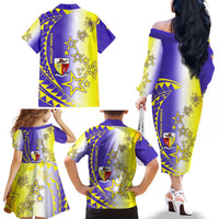 Campione d’Italia Family Matching Off The Shoulder Long Sleeve Dress and Hawaiian Shirt with Yellow Purple Star Design and Town Crest - Wonder Print Shop