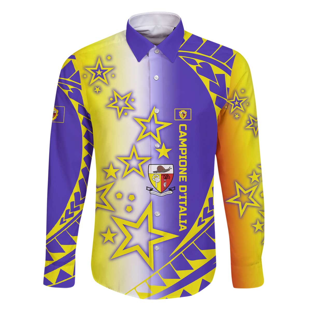 Campione d’Italia Family Matching Off The Shoulder Long Sleeve Dress and Hawaiian Shirt with Yellow Purple Star Design and Town Crest - Wonder Print Shop
