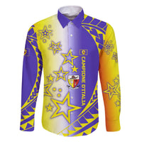 Campione d’Italia Family Matching Off The Shoulder Long Sleeve Dress and Hawaiian Shirt with Yellow Purple Star Design and Town Crest - Wonder Print Shop