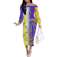 Campione d’Italia Family Matching Off The Shoulder Long Sleeve Dress and Hawaiian Shirt with Yellow Purple Star Design and Town Crest - Wonder Print Shop