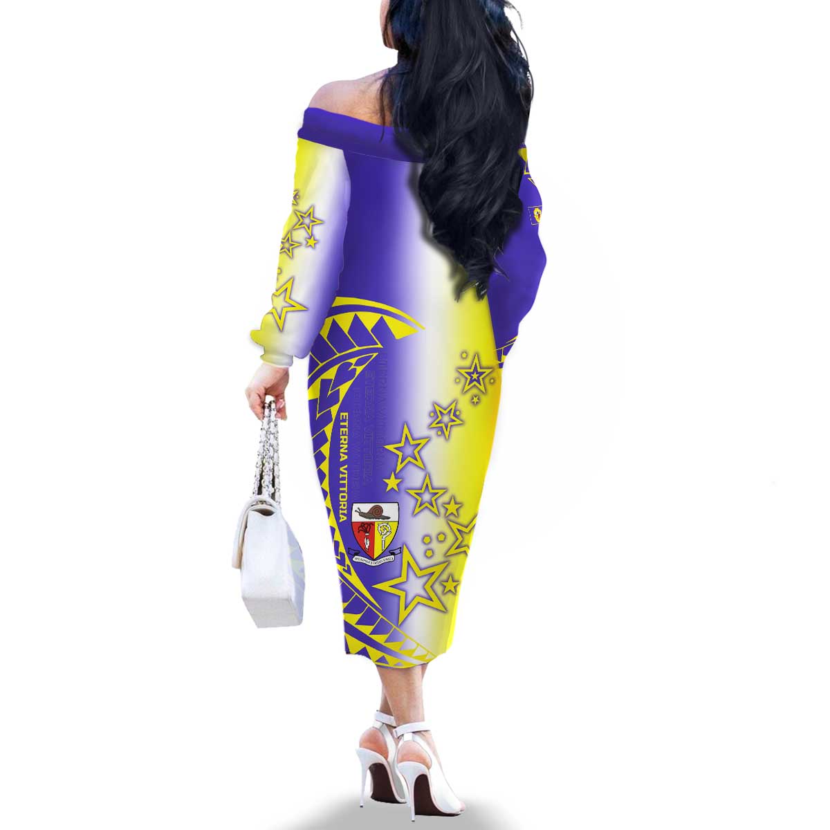 Campione d’Italia Family Matching Off The Shoulder Long Sleeve Dress and Hawaiian Shirt with Yellow Purple Star Design and Town Crest - Wonder Print Shop