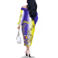 Campione d’Italia Family Matching Off The Shoulder Long Sleeve Dress and Hawaiian Shirt with Yellow Purple Star Design and Town Crest - Wonder Print Shop