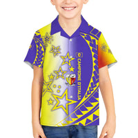 Campione d’Italia Family Matching Off The Shoulder Long Sleeve Dress and Hawaiian Shirt with Yellow Purple Star Design and Town Crest - Wonder Print Shop