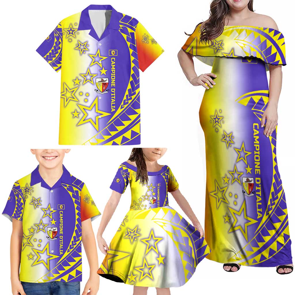 Campione d’Italia Family Matching Off Shoulder Maxi Dress and Hawaiian Shirt with Yellow Purple Star Design and Town Crest - Wonder Print Shop