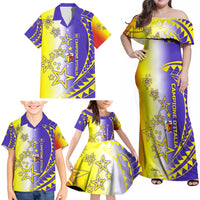 Campione d’Italia Family Matching Off Shoulder Maxi Dress and Hawaiian Shirt with Yellow Purple Star Design and Town Crest - Wonder Print Shop