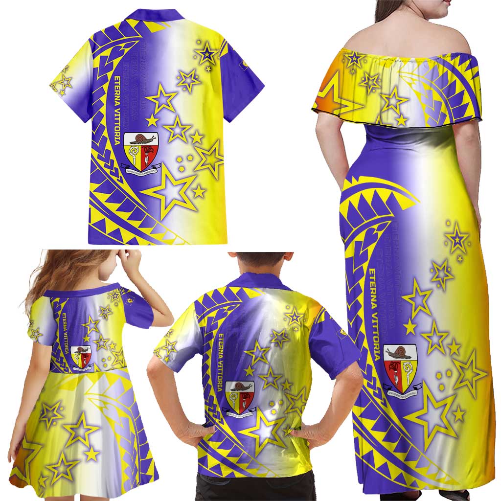 Campione d’Italia Family Matching Off Shoulder Maxi Dress and Hawaiian Shirt with Yellow Purple Star Design and Town Crest - Wonder Print Shop
