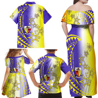 Campione d’Italia Family Matching Off Shoulder Maxi Dress and Hawaiian Shirt with Yellow Purple Star Design and Town Crest - Wonder Print Shop