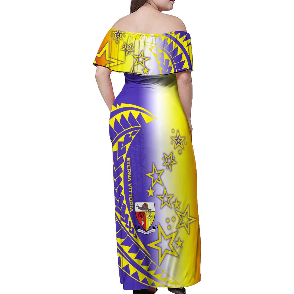 Campione d’Italia Family Matching Off Shoulder Maxi Dress and Hawaiian Shirt with Yellow Purple Star Design and Town Crest - Wonder Print Shop