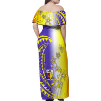 Campione d’Italia Family Matching Off Shoulder Maxi Dress and Hawaiian Shirt with Yellow Purple Star Design and Town Crest - Wonder Print Shop