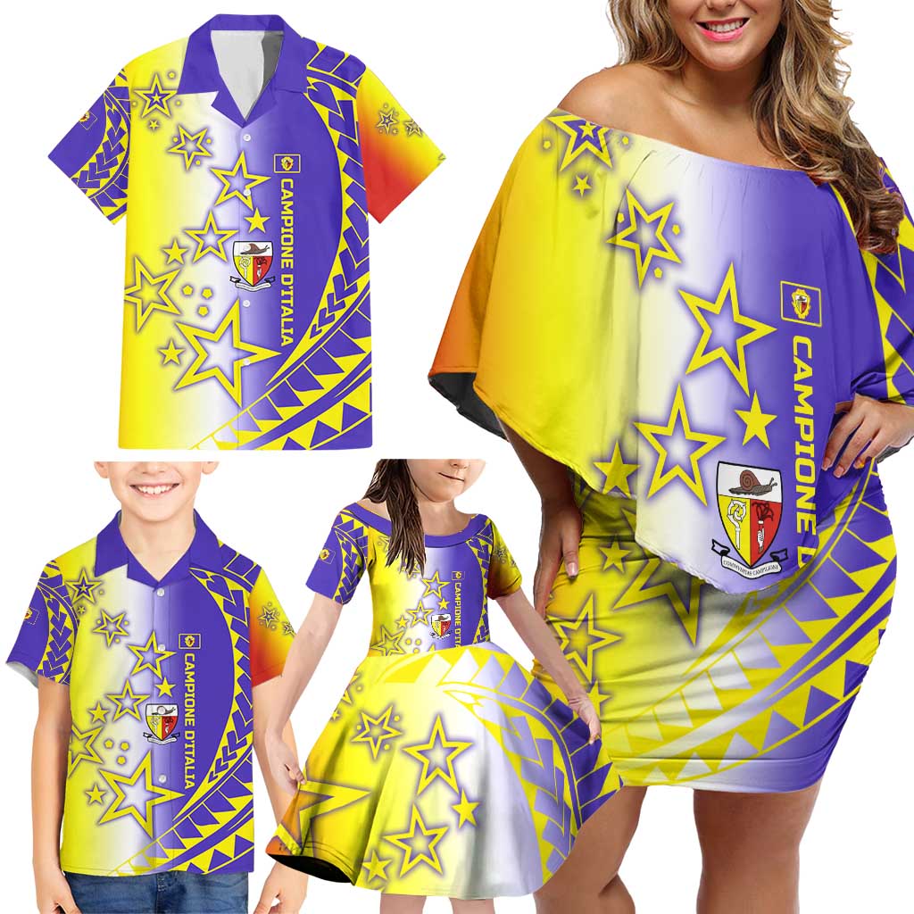 Campione d’Italia Family Matching Off Shoulder Short Dress and Hawaiian Shirt with Yellow Purple Star Design and Town Crest - Wonder Print Shop