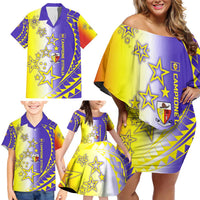 Campione d’Italia Family Matching Off Shoulder Short Dress and Hawaiian Shirt with Yellow Purple Star Design and Town Crest - Wonder Print Shop