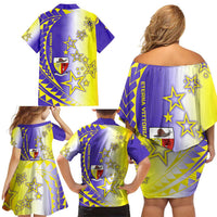 Campione d’Italia Family Matching Off Shoulder Short Dress and Hawaiian Shirt with Yellow Purple Star Design and Town Crest - Wonder Print Shop