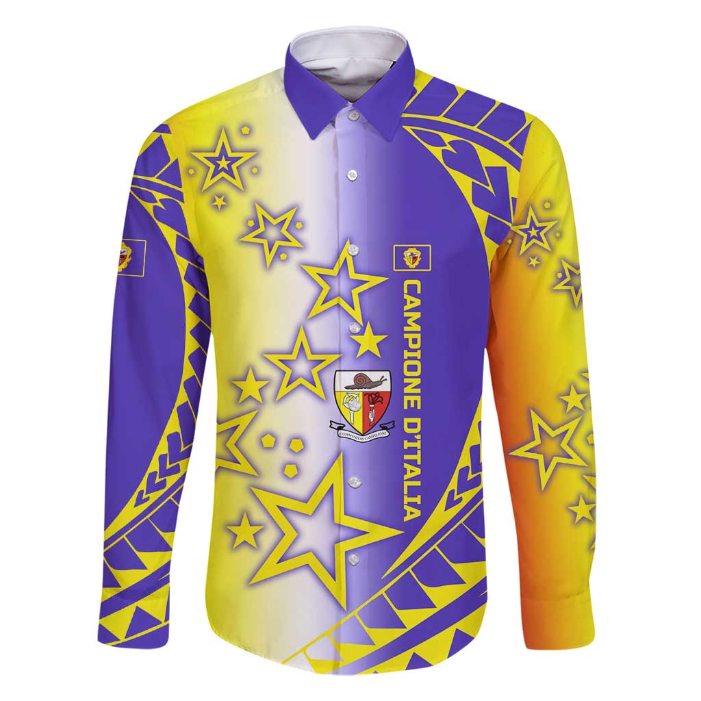 Campione d’Italia Family Matching Off Shoulder Short Dress and Hawaiian Shirt with Yellow Purple Star Design and Town Crest - Wonder Print Shop